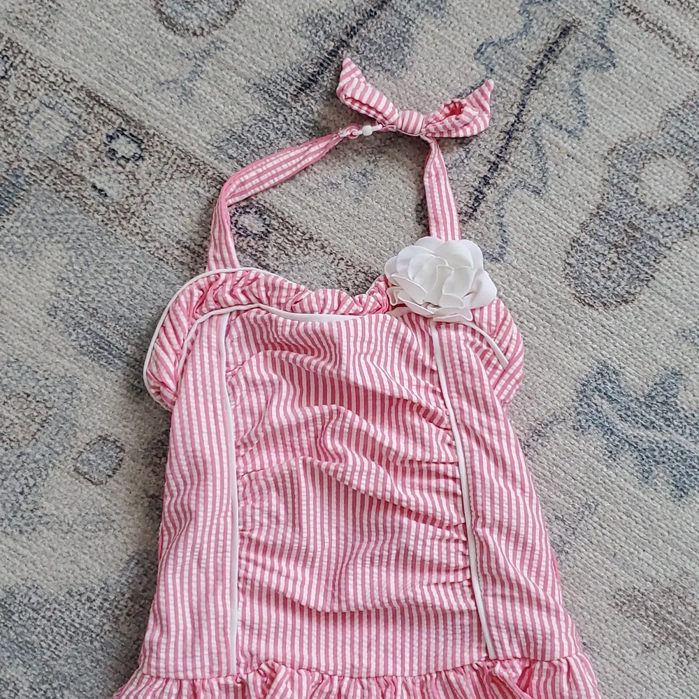 Janie and Jack Baby Girls Paradise Pink Seersucker Floral Swimsuit Sz18-24m